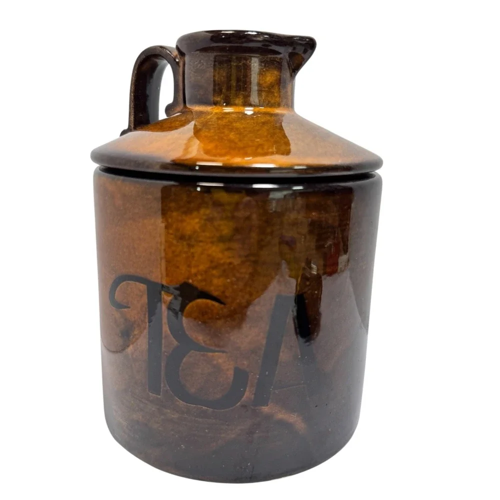 Vintage Holiday Designs Brown Glazed Ceramic TEA Canister Jug Lid USA